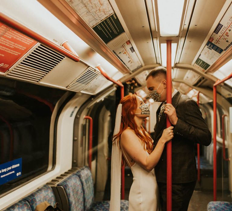 London elopement during covid, bride and groom wearing masks 