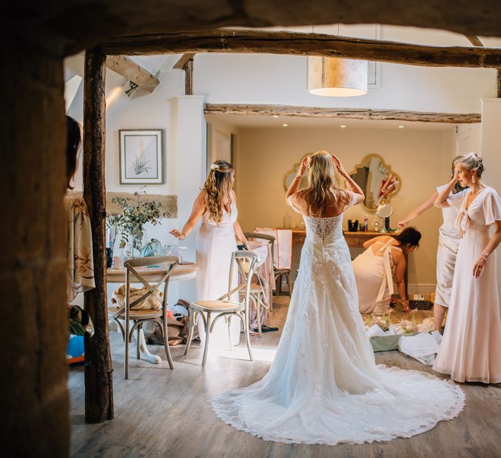 Bridal party getting ready on the wedding day morning at country barn in Warwickshire