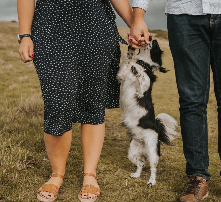 Newly engaged couple with their dog at Durdle Door for engagement photography