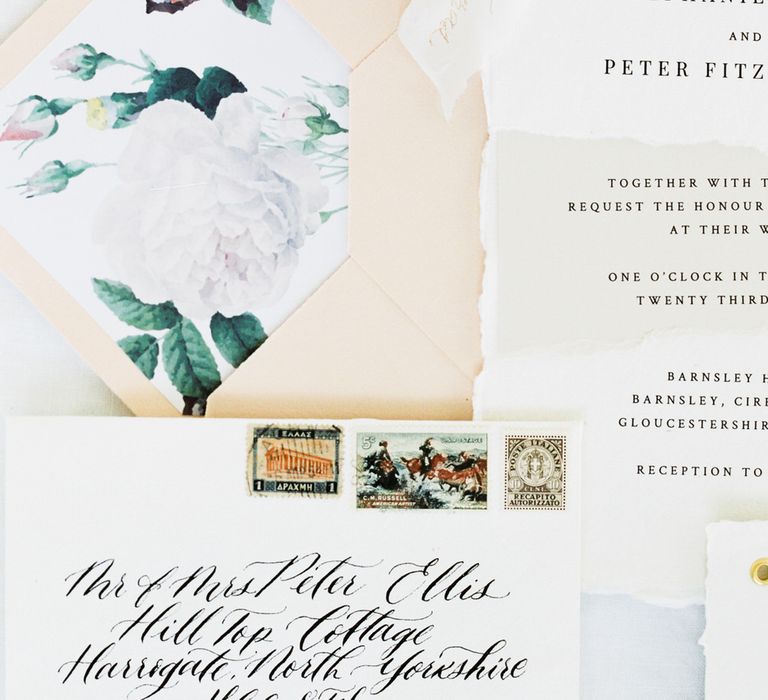 White and floral wedding stationery with calligraphy by EG lettering for English garden party wedding