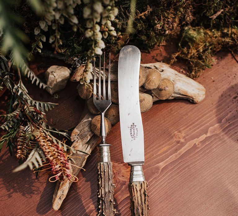 knife and folk with bark handles at boho wedding inspiration 