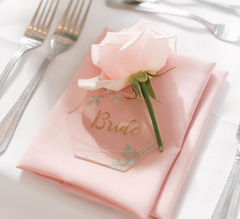 Blush pink napkin complete with gold name place and pastel pink floral