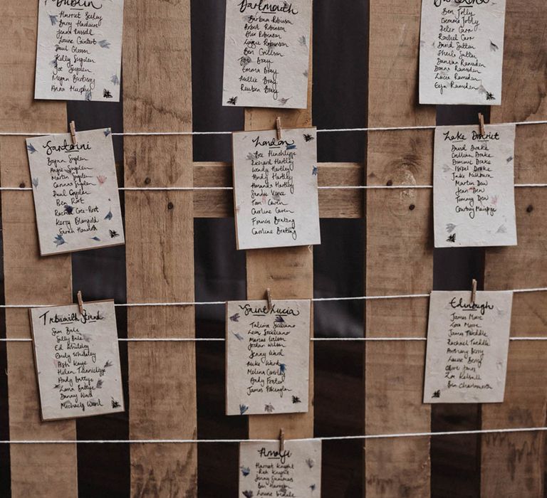 Wooden pallet with strings and small wooden pegs holding the seating chart/table plan cards named after places