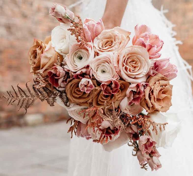 Dried rose, peony and dried flower bridal bouquet in blush, pink, cream and white colours 