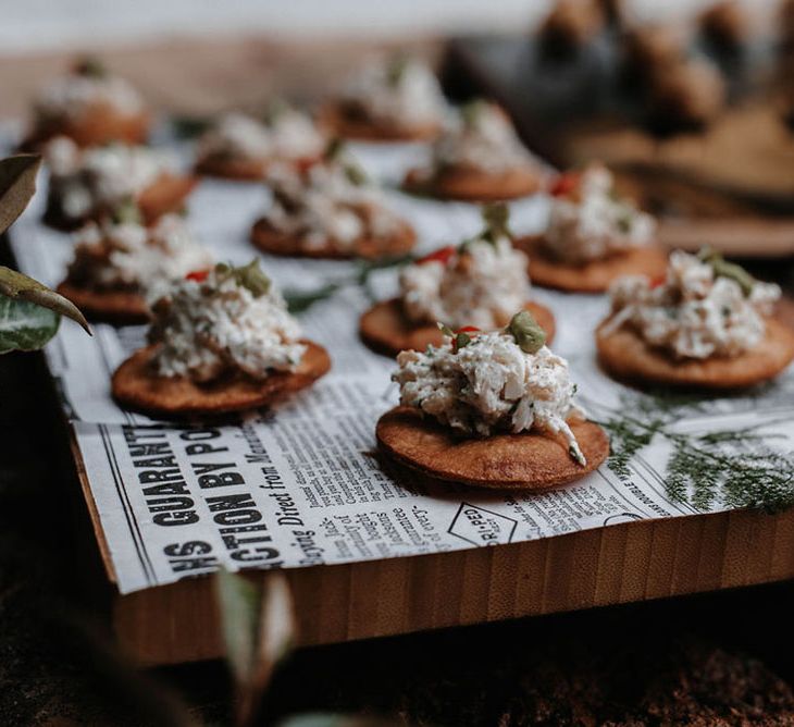 Canapés at drag race wedding inspiration shoot. Photography by Stephanie Shenton. 