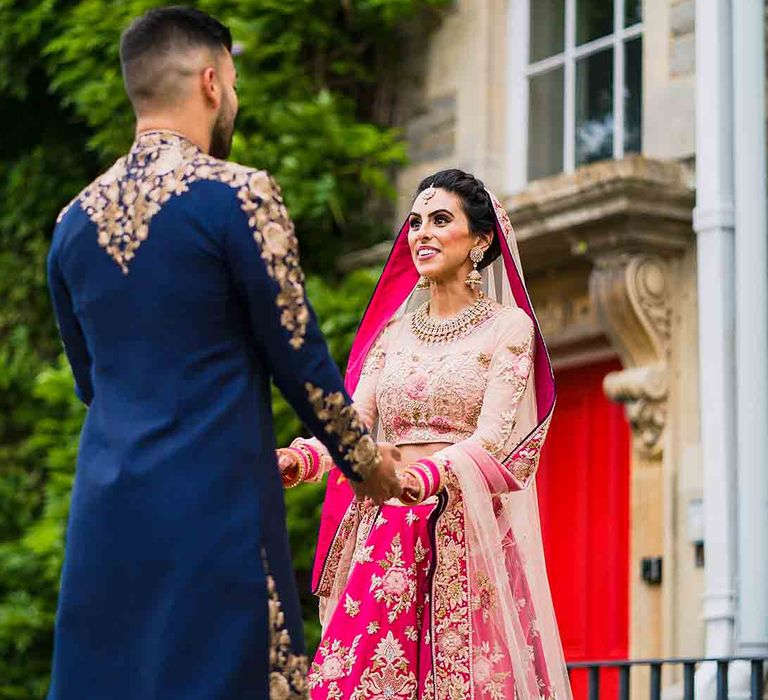 Bride and groom during first look