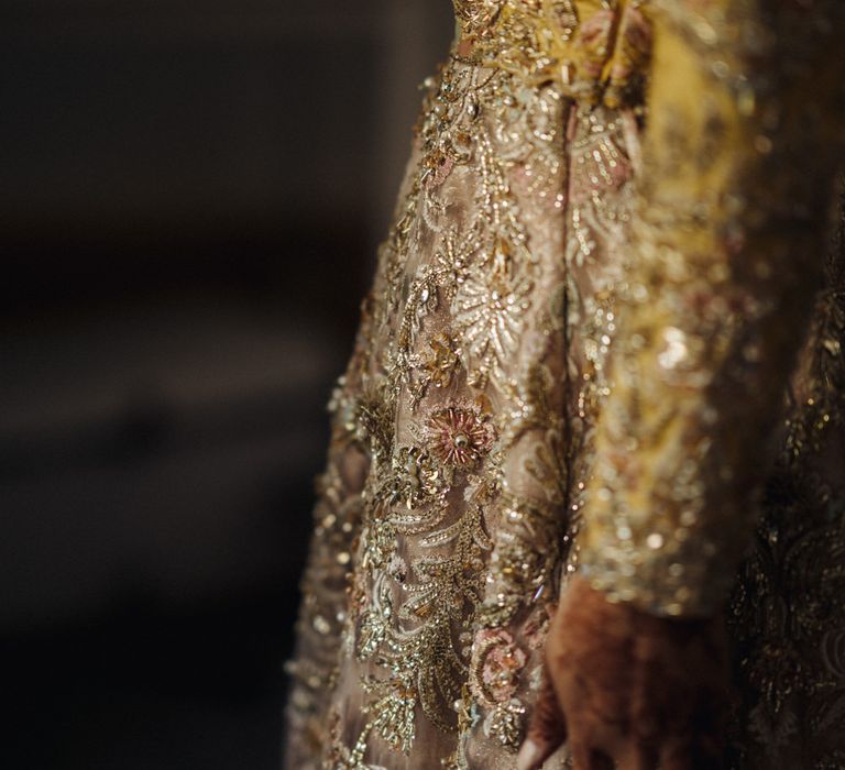 Suffuse by Sana yasir Bengali wedding dress with pastel colours, gold thread and intricate beadwork 