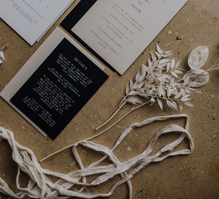 Black and white contemporary wedding stationery suite 