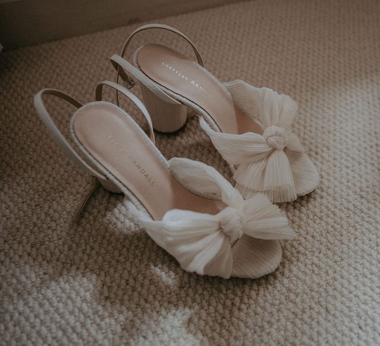 White strapped sandal Loeffler Randall block heels with bow detail for Surrey summer wedding