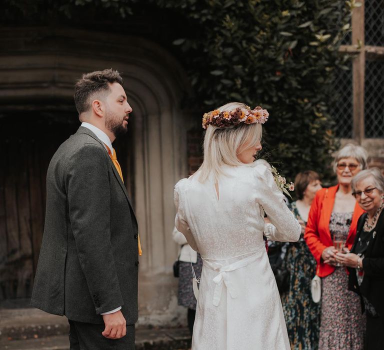 Vintage wedding dress with flower crown for bride