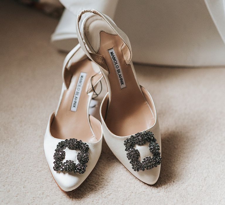 White Manolo Blahnik bridal wedding shoes