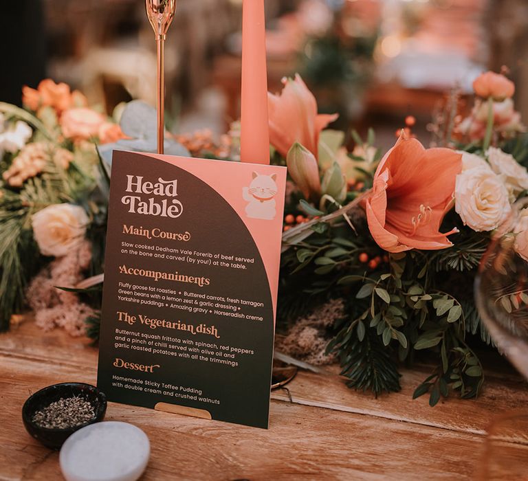 Head table wedding menu, orange tapered candles in gold candlestick holders with orange flower and foliage table runners