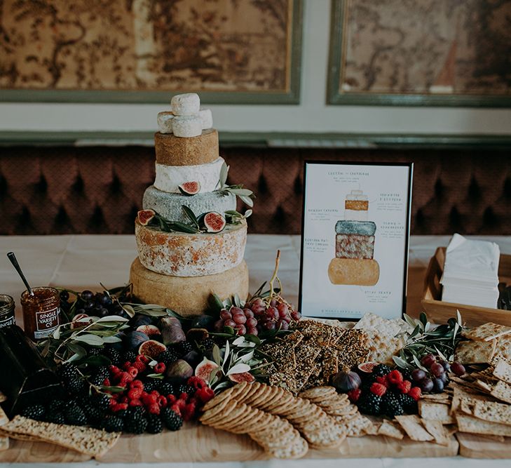 Cheese tower alternative wedding cake at Balham Bowls Club reception