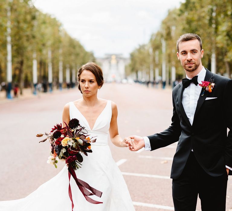 Bride and groom at Autumn black tie wedding in London