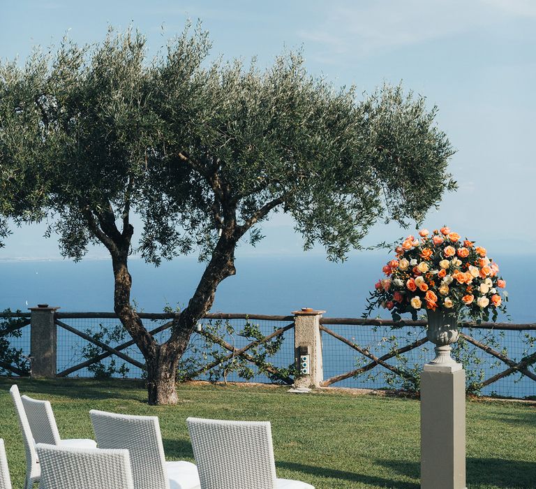 Coral and peach floral arrangement at Ravello wedding