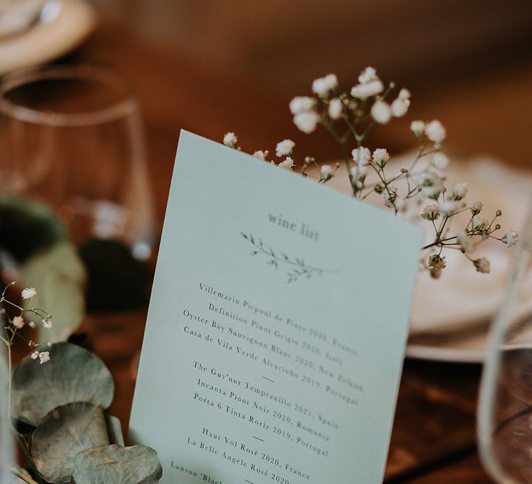 Wine list on the day wedding stationery 