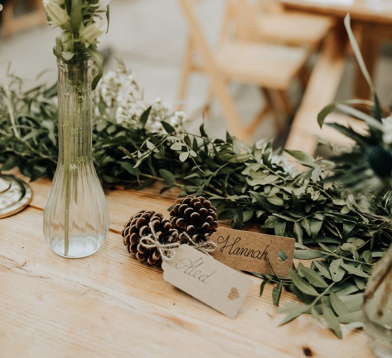 Pinecone name holders for DIY wedding