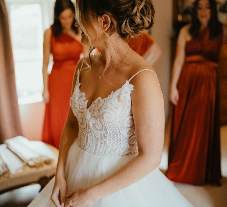 Bride in Blush by Hayley Paige wedding dress with pearl hair pins 