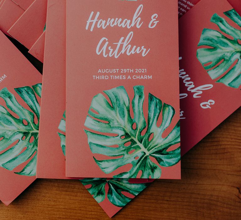 Tropical themed order of service leaflets