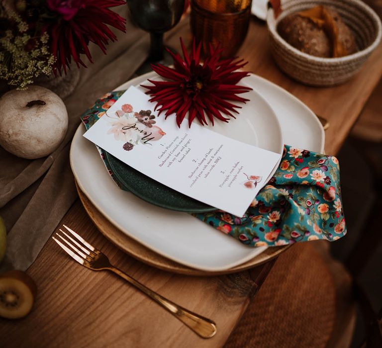 Hand-painted silk napkin, white wedding dinner menu with water painting, seasonal fruit decor and dark red dahlia cactus decor