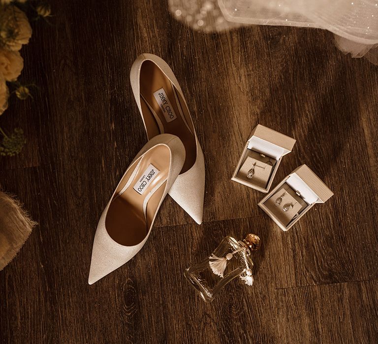 Jimmy Choo court wedding shoes, perfume and earrings, bridal accessories 