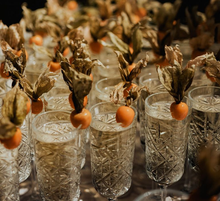 Crystal glassware with wedding drinks for the guests 