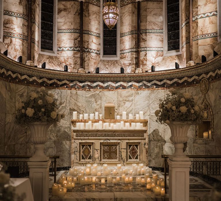 Romantic chapel wedding venue in London with candles 