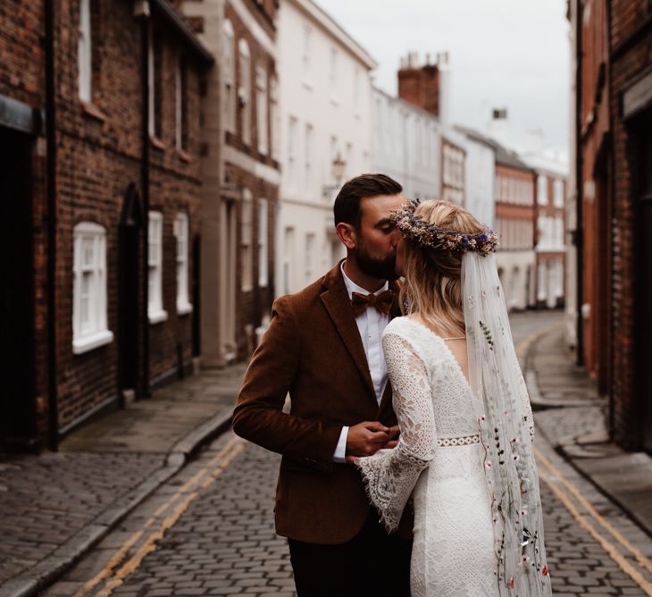 Bride and groom portraits in Chester streets at socially distanced wedding 