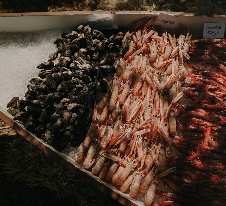 Fresh fish at outdoor wedding reception buffet tables