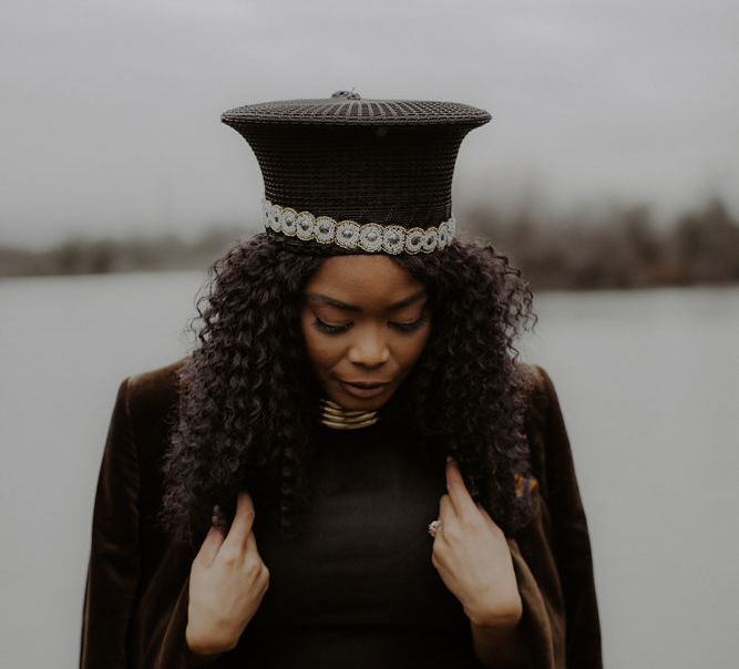 Bride with afro hair wearing a Zulu hat 