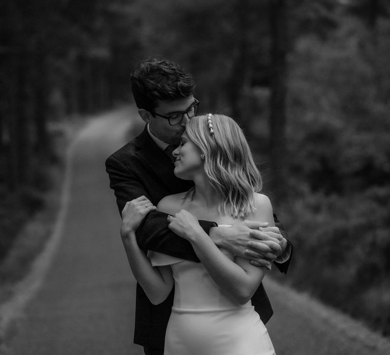 Black & white image of bride & groom during Scottish elopement