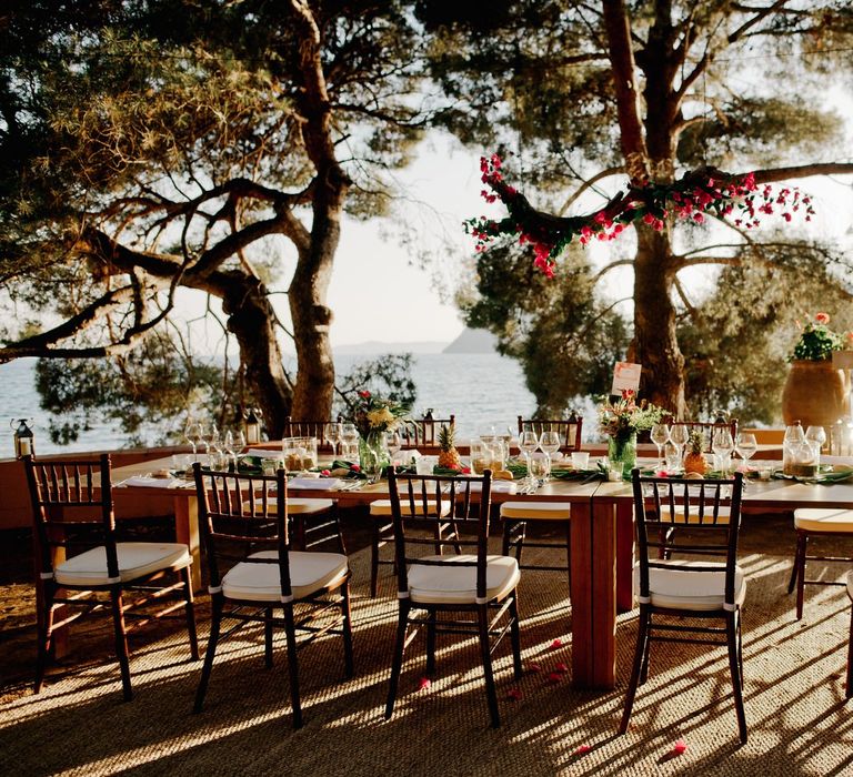 Beautiful outdoor wedding breakfast set up at French villa