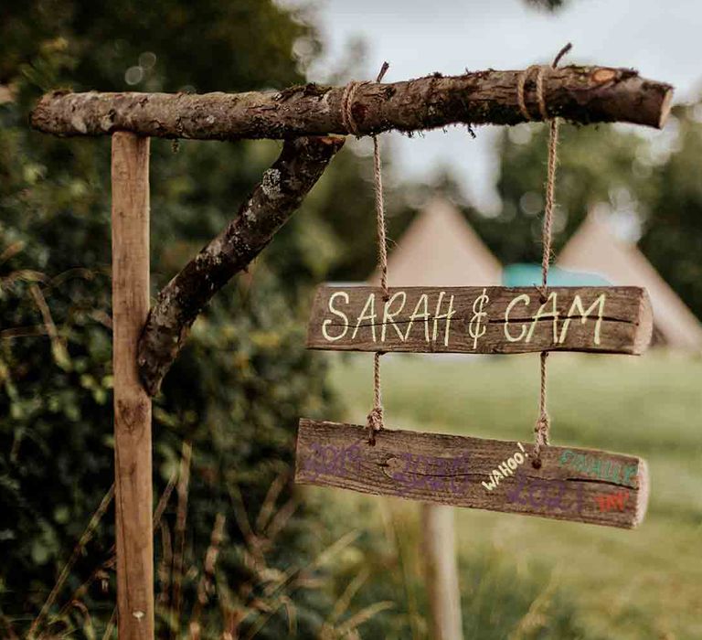 Wooden wedding sign at DIY wedding at Cadhay House