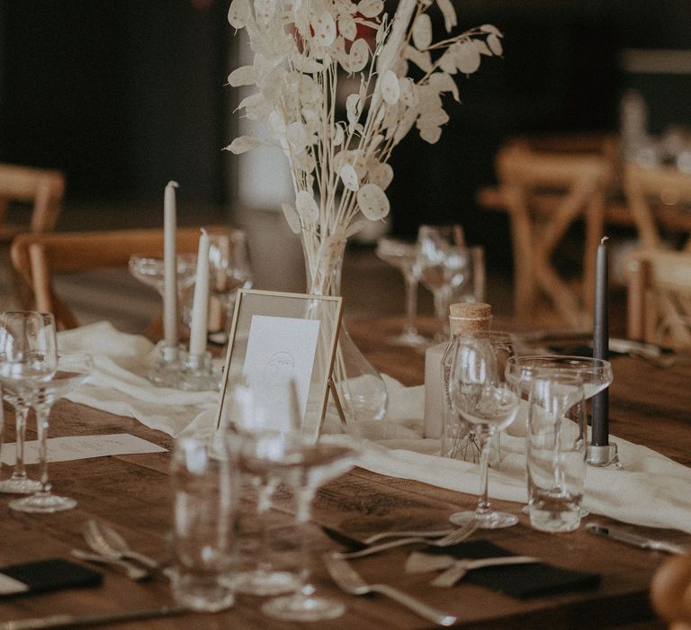 Neutral wedding table decor at Pylewell Park wedding