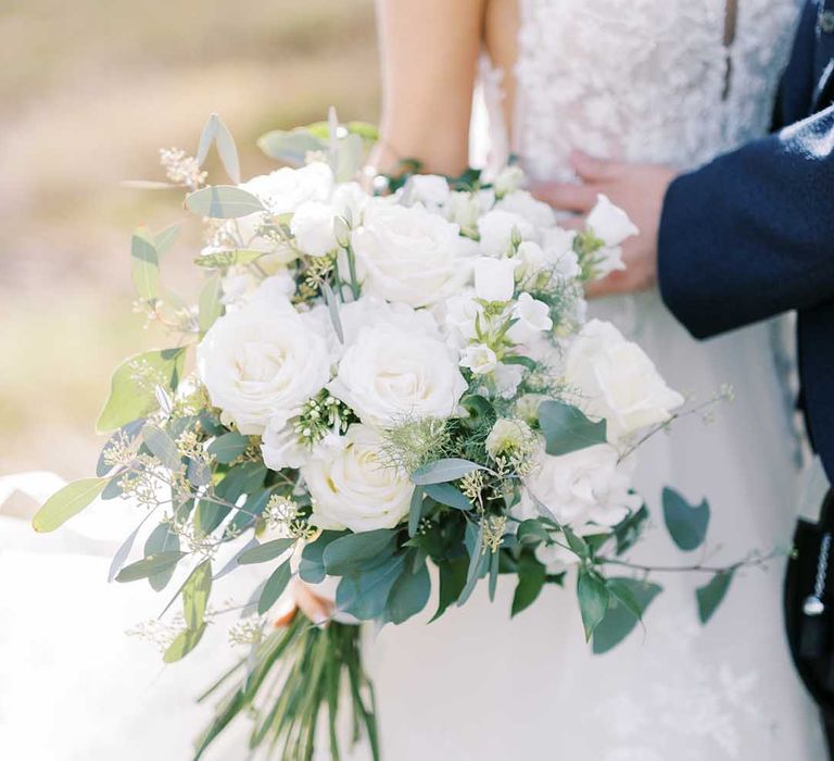 White rose and eucalyptus wedding bouquet 