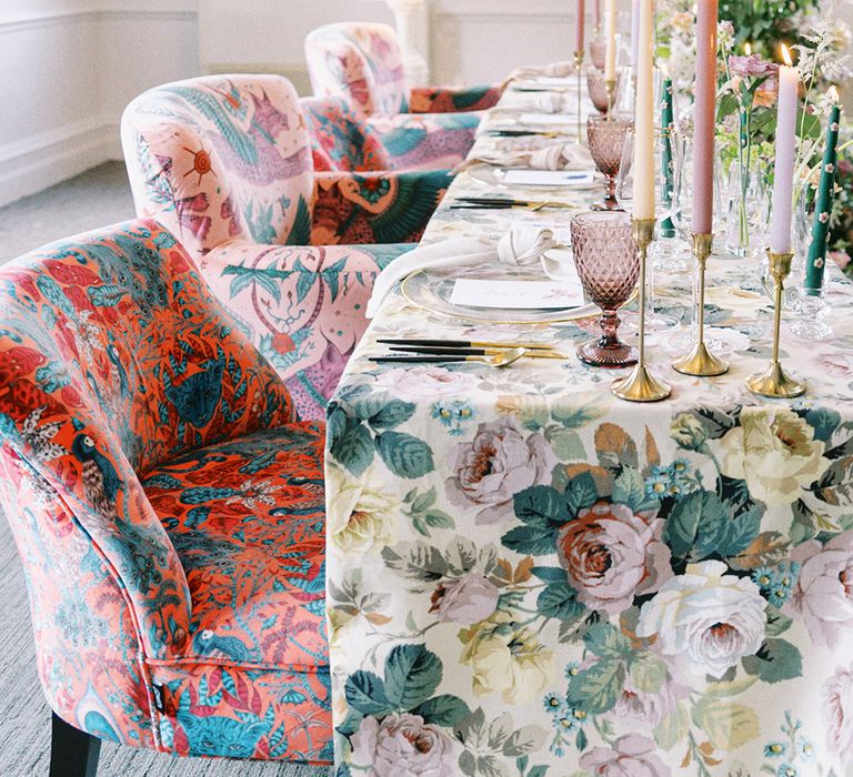 patterned chairs and floral tablecloth at Barnett Hill Hotel wedding reception 