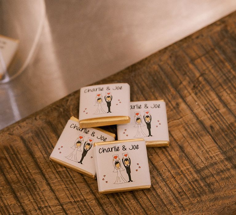 Personalised labels for the chocolate wedding favours for guests at the rustic luxe barn wedding 