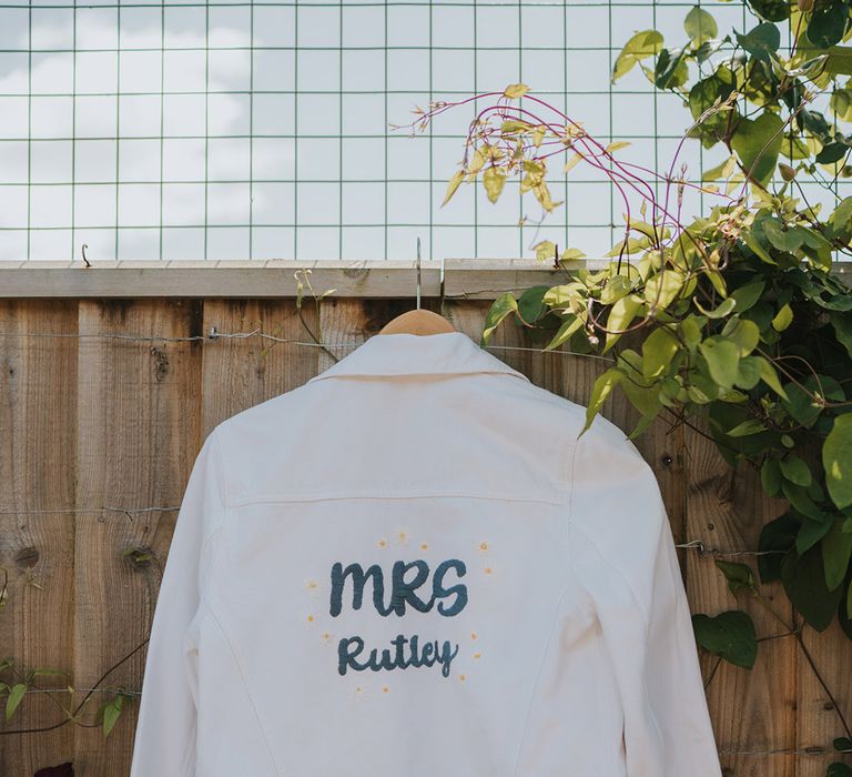 White denim bridal jacket DIY with personalised design 