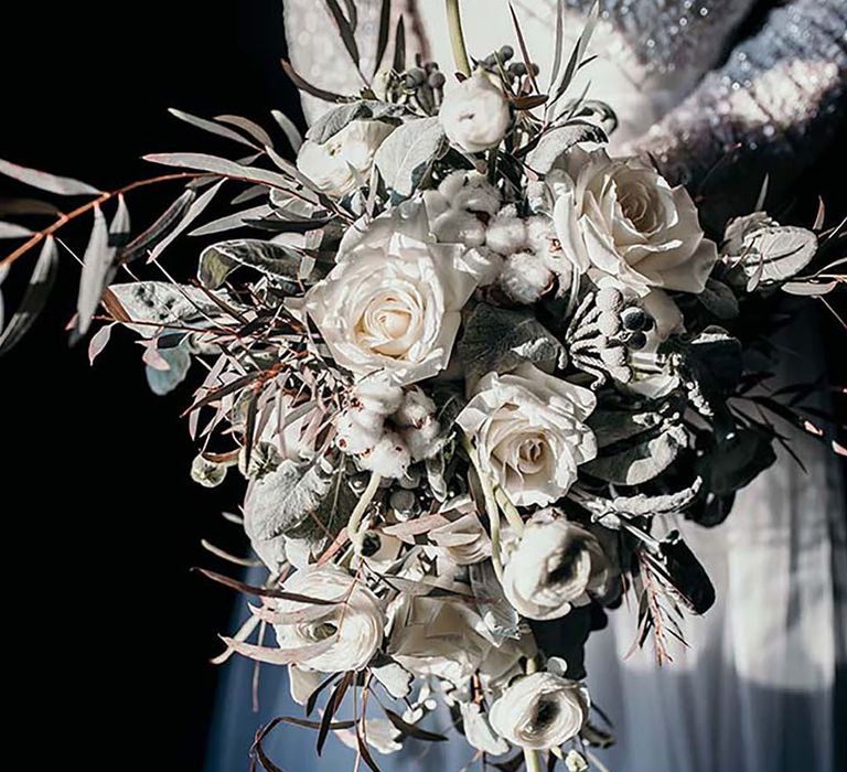 White rose cascading wedding bouquet with cotton for winter wedding 