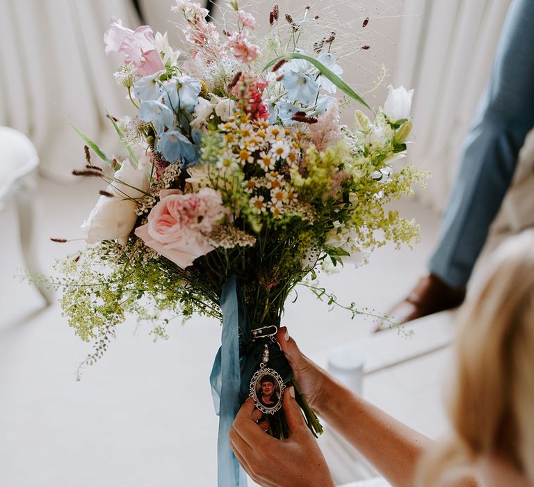 Pastel wildflowers wedding bouquet tied with blue ribbon and personalised charm and picture 