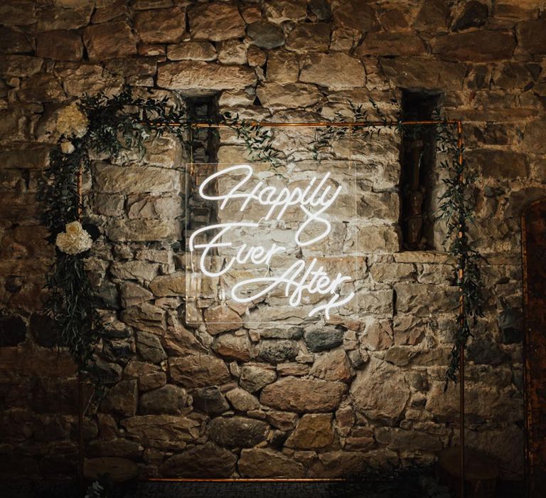 Customised white neon sign reading 'happily ever after' 