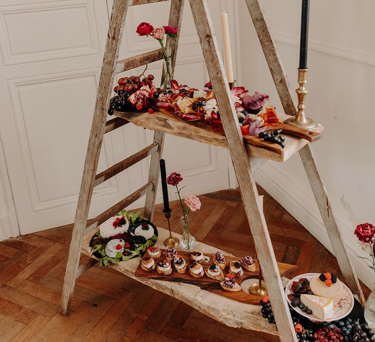 Wedding canapés and grazing boards with charcuterie for relaxed wedding breakfast at intimate wedding 