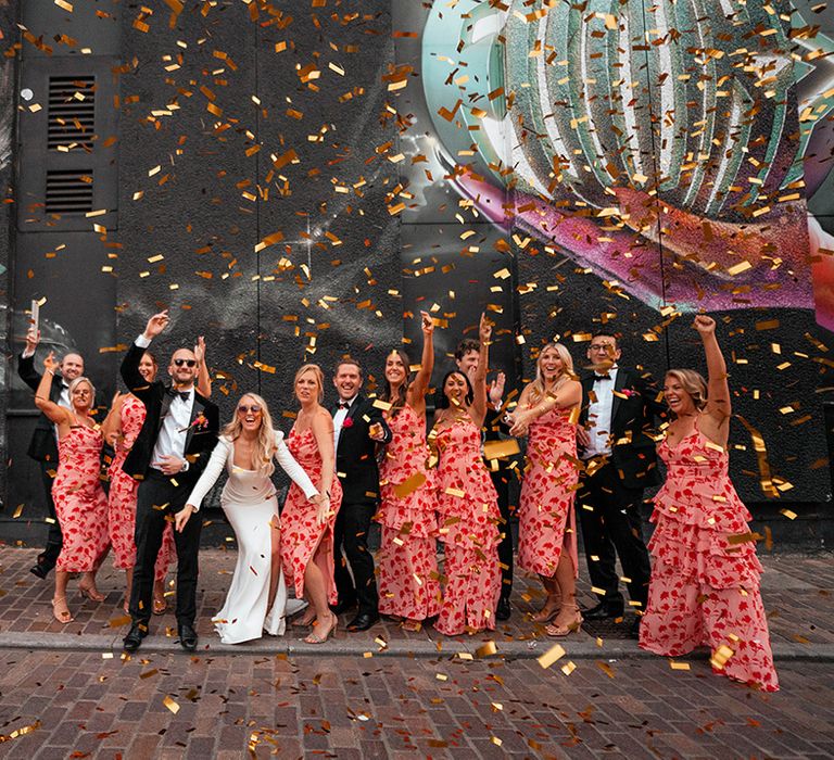 Gold confetti moment for wedding party posing for group photo at city wedding 