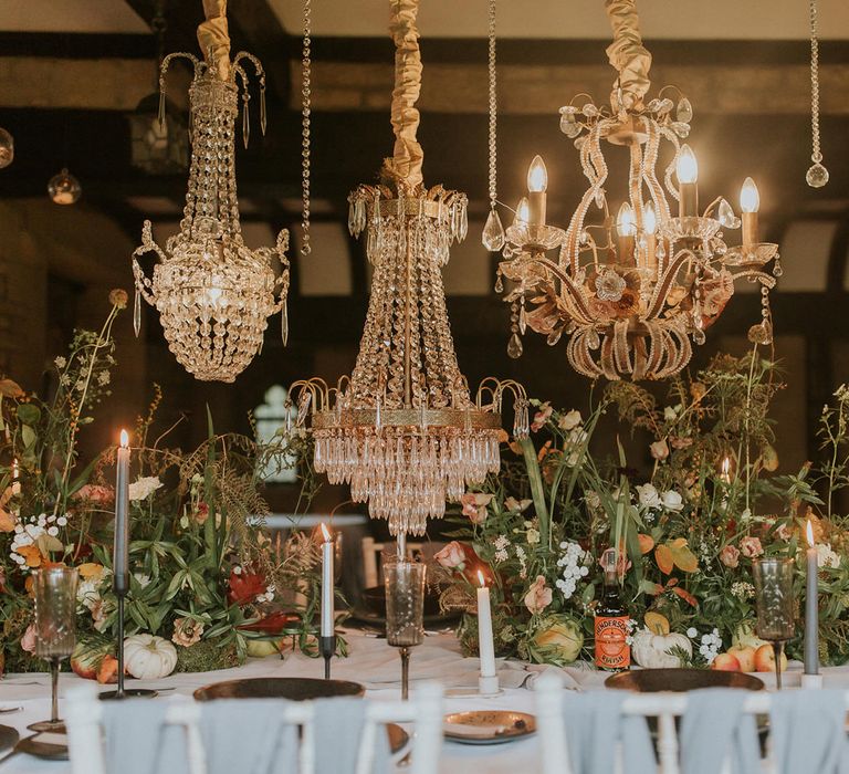 Hanging chandelier wedding table decor 