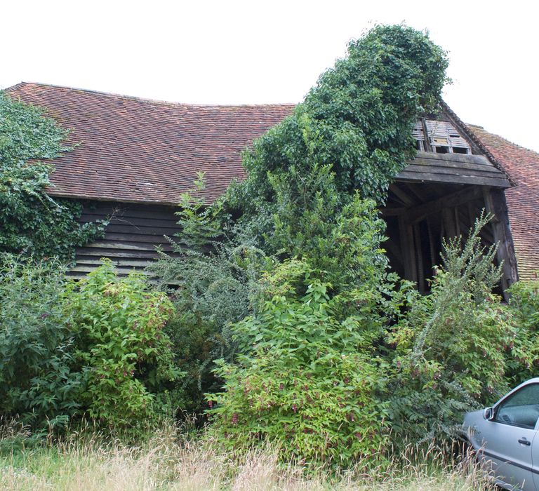 The Oak Barn with green trees outside