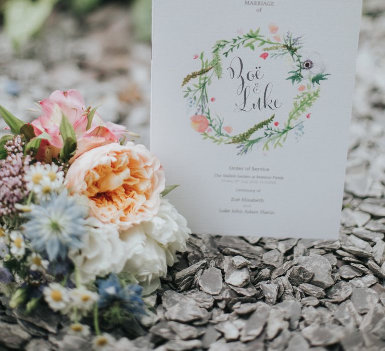 Minimal floral watercolour wedding order of service photographed by Grace Elizabeth Photography