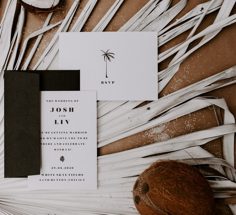 Black and white tropical theme wedding stationery by Sundown Paper