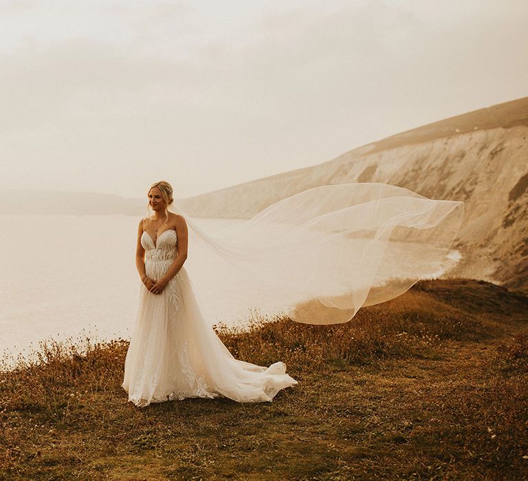 Bride in strapless wedding dress with sweetheart neckline at Isle of Wight wedding