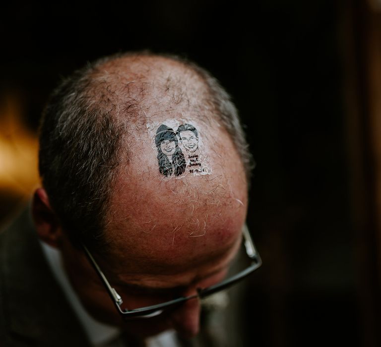 Fake personalised  tattoo on bald head 