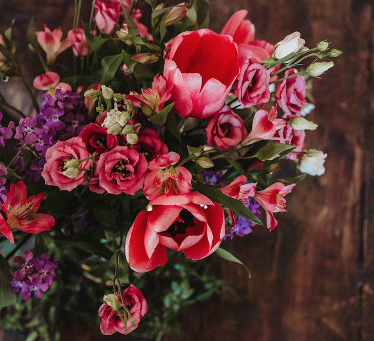 Purple, red and pink wedding flowers for spring botanical style wedding at Bowers Mill 